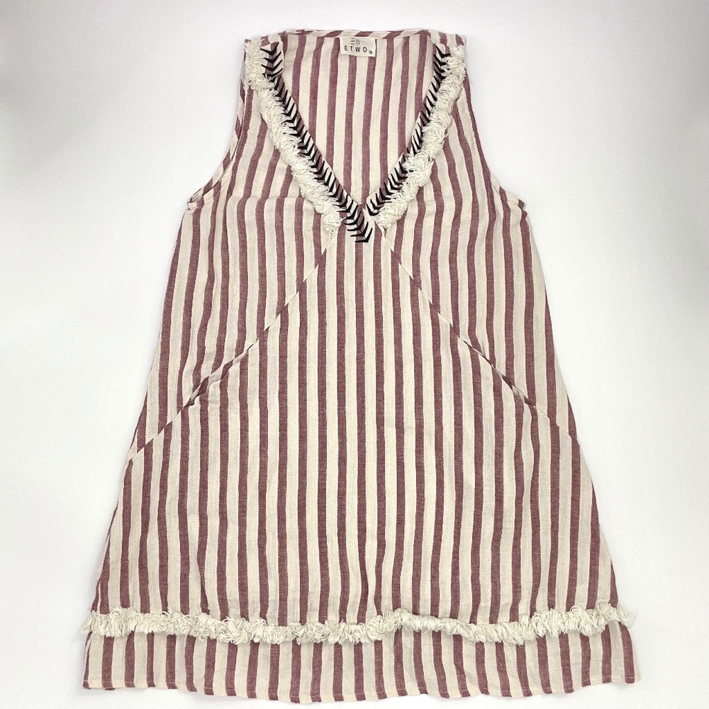 ETWO Boho Striped 100% Cotton Dress Wine and Cream Size MED with pockets